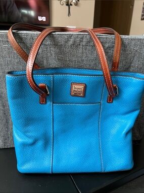 Dooney & Bourke Turquoise Leather Tote with Brown Handles